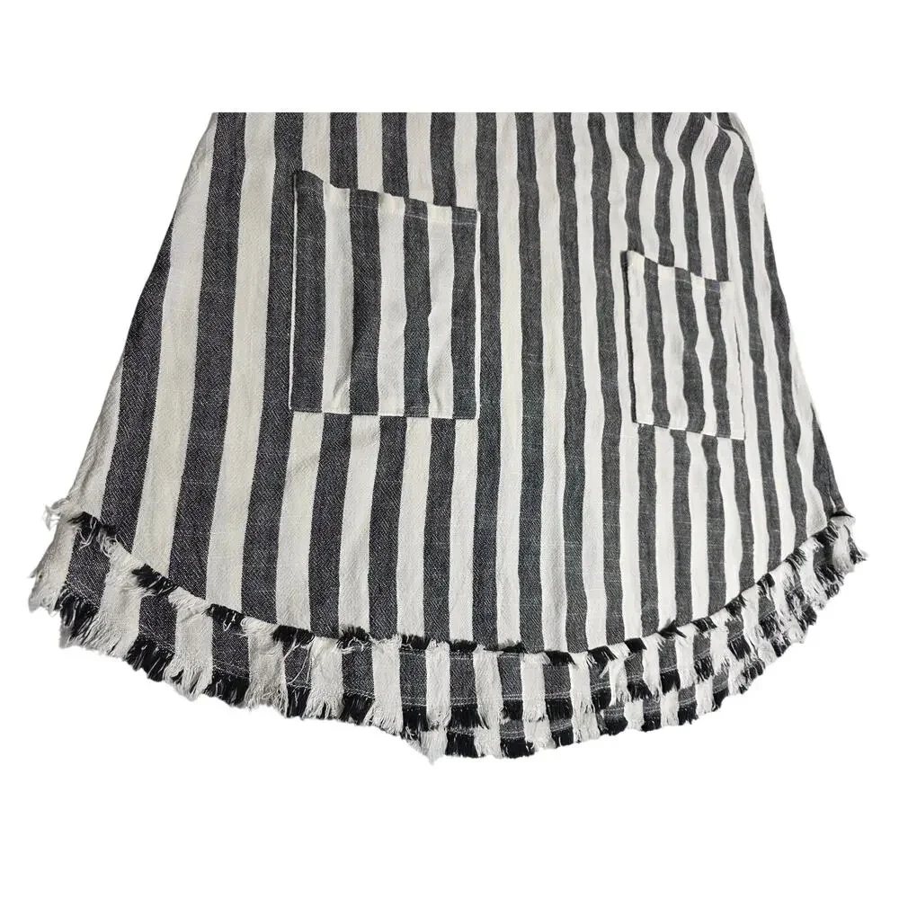 Umgee Sz M Black & White Strip Linen Blend Pocket Fringe Shabby Artsy BOHO Dress